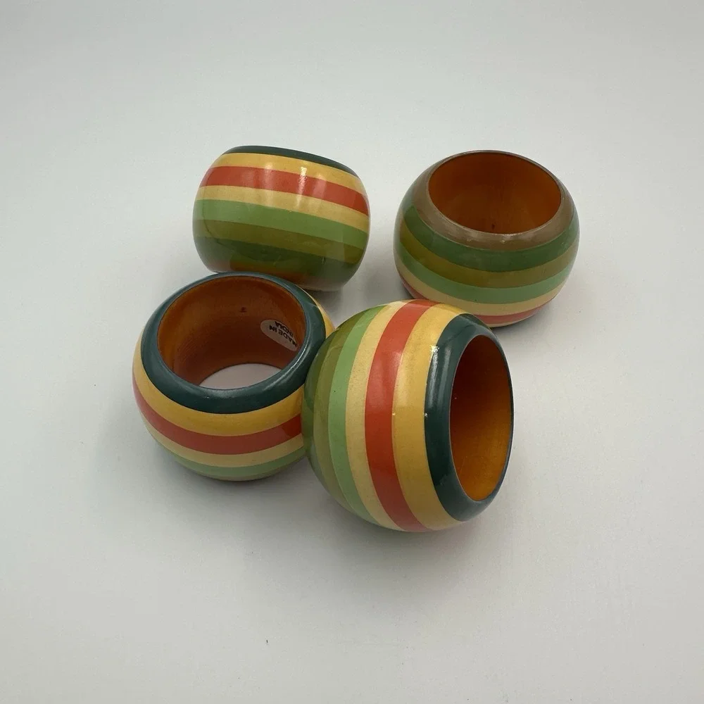 Vtg Pier 1 Striped Wood Lacquered Napkin Rings Set of 4 Made‎ In India